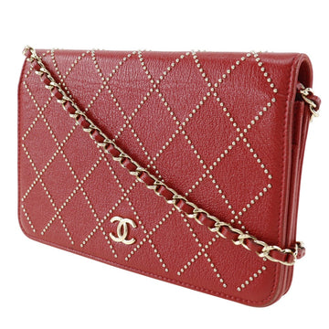 CHANEL Shoulder Bag Calfskin Red Matrasse Studs