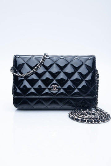CHANEL Black Patent Leather Quilted Wallet On Chain WOC
