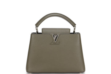 LOUIS VUITTON M57227 CAPUCINES BB, KHAKI COLOR TAURILLON LEATHER SILVER HARDWARE, WITH STRAP & DUST COVER