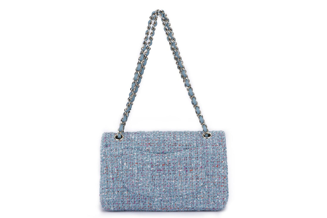 Chanel Classic Flap Tweed  (3102xxxx), Medium Size, Blue Tweed with Champagne Gold Hardware, with , Dust Cover & Box