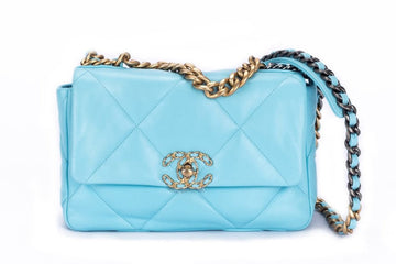 Chanel 19 Flap Bag (3127xxxx) Small Size Pastel Blue Lambskin with , Dust Cover & Box