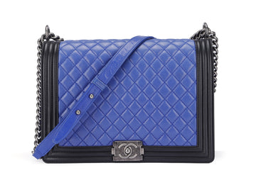 Chanel Le Boy 30cm (1800xxxx) Large Size, Blue with Black Trim Lambskin, Ruthenium Chain, with , no Dust Cover
