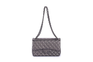 Chanel Classic Flap (2063xxxx) Jumbo Dark Metallic Silver Perforated Lambskin with  & Dust Cover