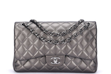 Chanel Classic Flap (1879xxxx) Jumbo Size, Metallic Grey Lambskin, Silver Hardware, with Dust Cover & Box, no
