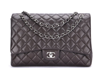 CHANEL CLASSIC FLAP MAXI SINGLE FLAP (1401xxxx) BROWN CAVIAR LEATHER, SILVER HARDWARE, WITH , DUST COVER & BOX