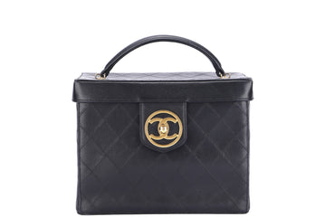 Chanel Vintage Vanity Case (259xxxx) Black Quilted Lambskin, Gold Hardware, with Strap & , no Dust Cover