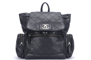 CHANEL BLACK CALFSKIN BACKPACK (2396XXXX), SILVER HARDWARE, WITH , NO HOLOGRAM & DUST COVER