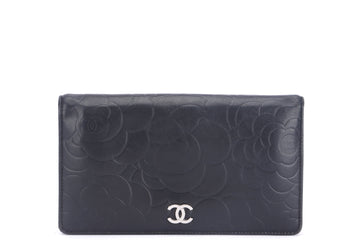 CHANEL CAMELLIA LONG WALLET (1462xxxx) BLACK LAMBSKIN SILVER HARDWARE, WITH  & BOX