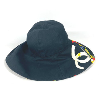CHANEL hat cotton black Vintage Wide Brim All-over pattern CC COCO Mark Flower Floral Owl 57