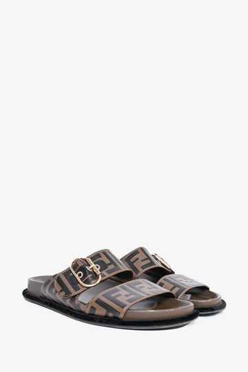 Fendi Brown/Black Zucca Printed Leather Double Strap Sandals Size 38.5 (As Is)