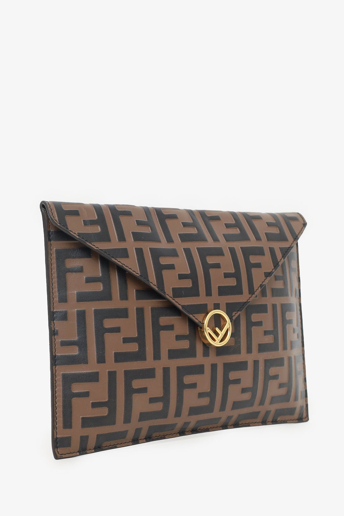 Fendi Brown Leather FF Motif Flat Clutch Flap Pouch