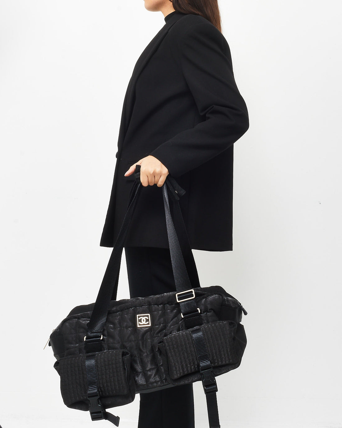Chanel Black Shimmer Nylon Pocket Logo Duffle Bag
