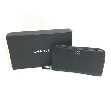CHANEL Long Wallet Purse A50097 Caviar skin black CC COCO Mark Vstitch quilting Women Used