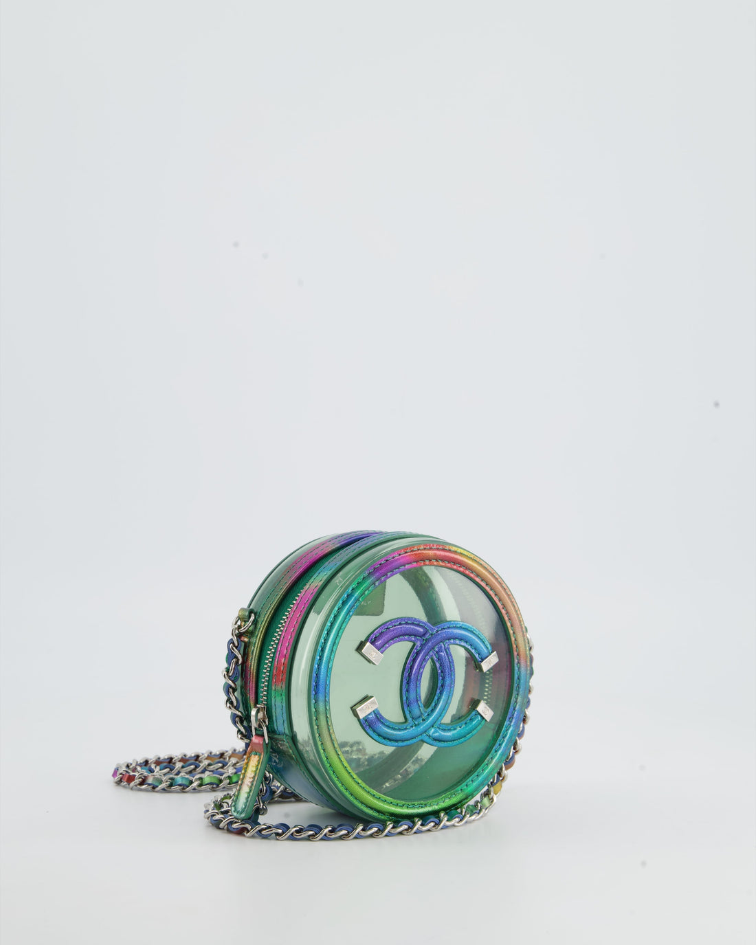 Chanel Rainbow Green Filigree PVC CC Mini Round Crossbody Bag with Silver Hardware