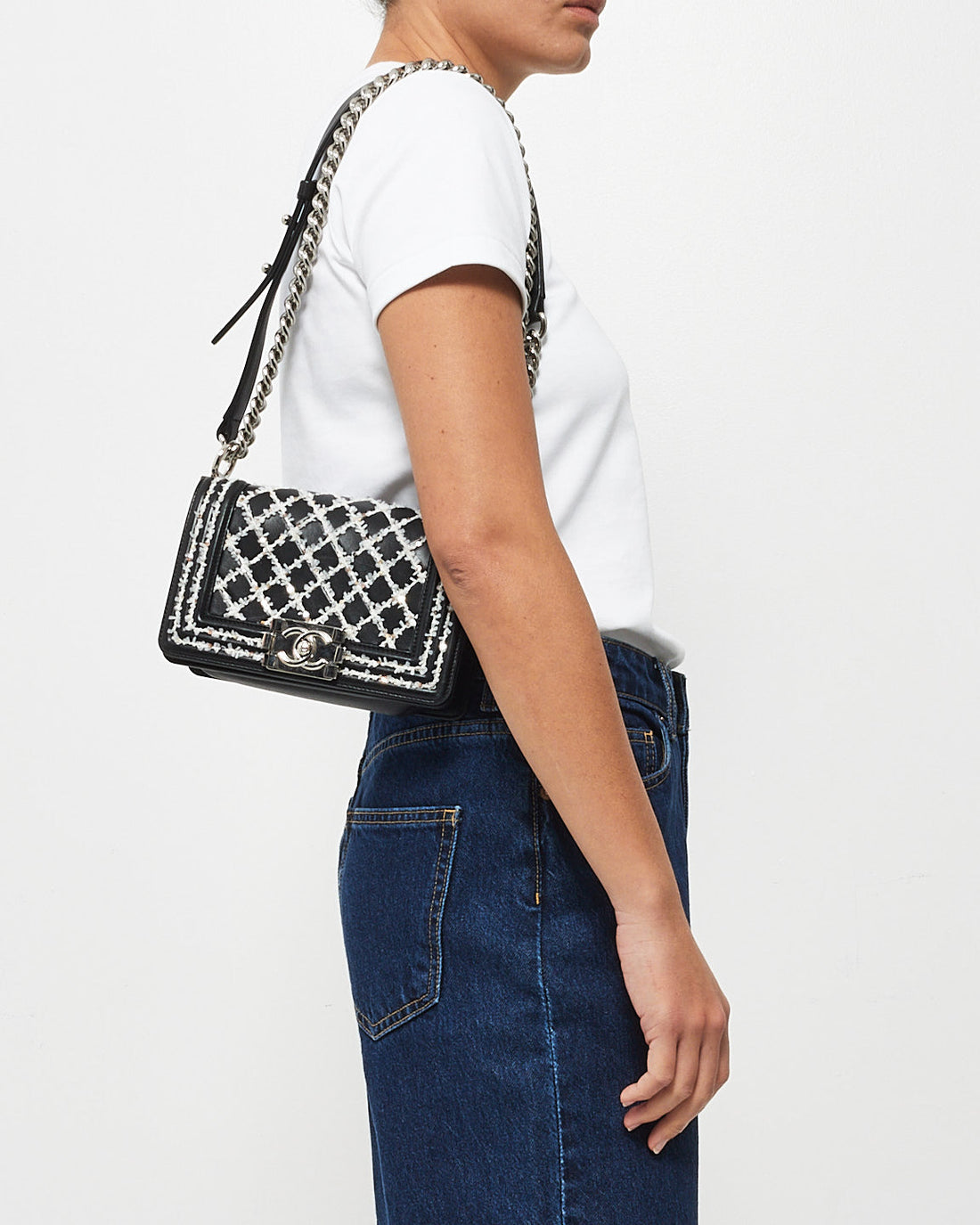 Chanel Black Lambskin Special Edition Tweed Quilt Small Boy Bag