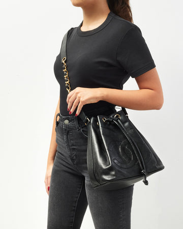 Chanel Black Leather CC Logo Drawstring Bucket Bag