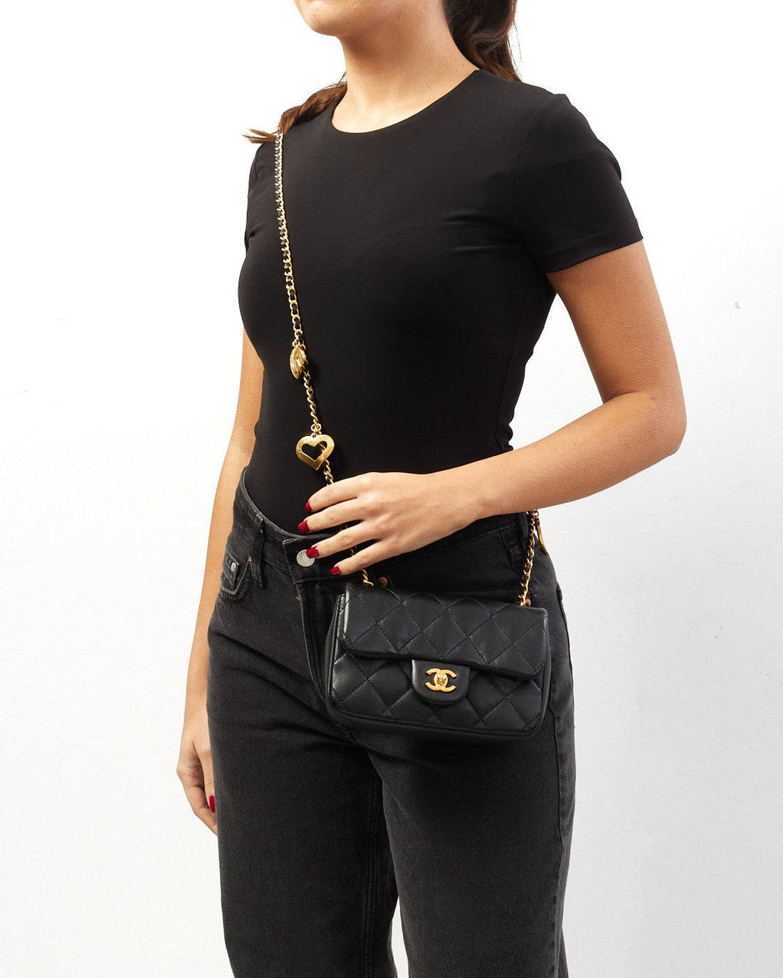 Chanel Black Lambskin CC & Heart Charm Mini Flap Bag GHW