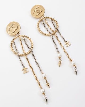 Chanel Gold Pearl Logo Drop Hoop Clip On Earrings