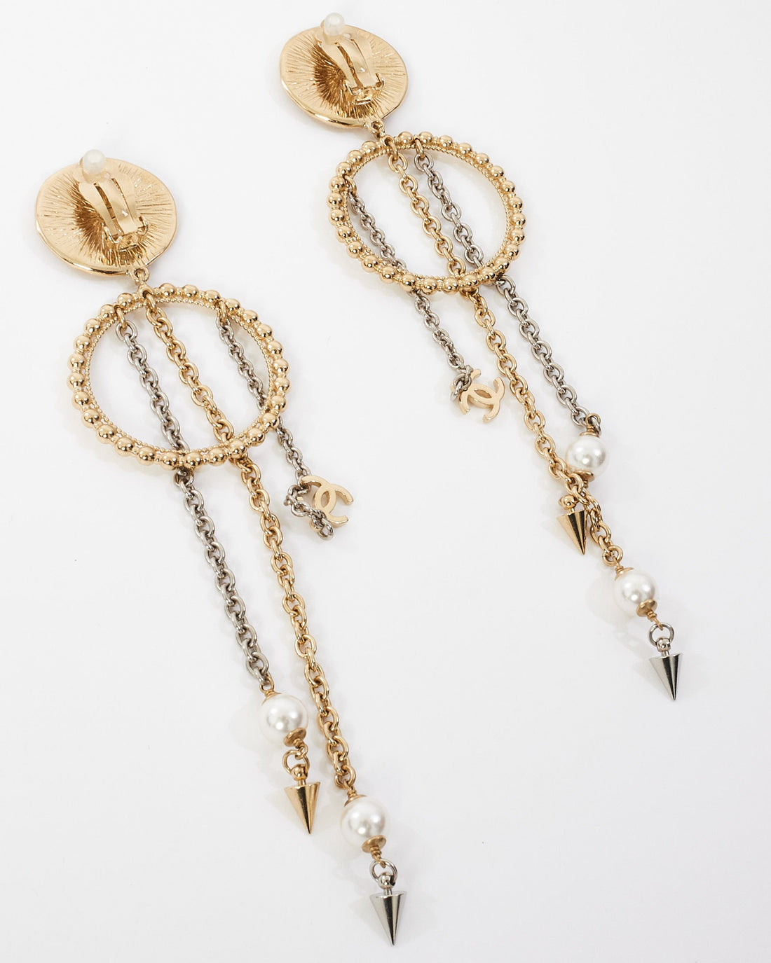 Chanel Gold Pearl Logo Drop Hoop Clip On Earrings