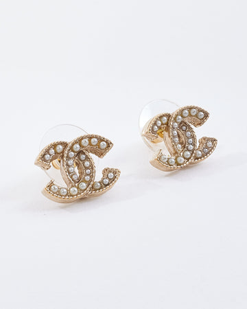 Chanel Gold & Pearl Logo Stud Earrings