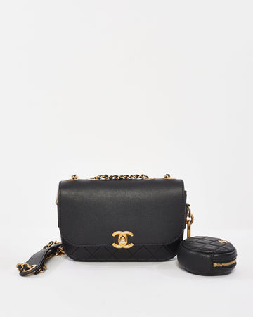 Chanel Black Calfskin Leather Multi Pouching Flap Bag With Coin Purse