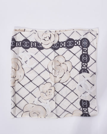 Chanel White & Grey Camellia Flower & Logo Silk Scarf