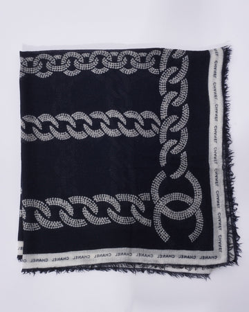 Chanel Black & White Chain Link Logo Cashmere Blend Square Scarf
