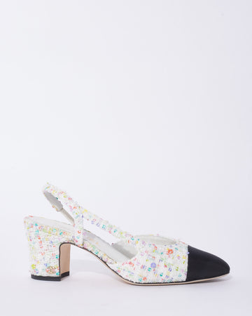 Chanel White & Multicolor Tweed Sequin Block Heel Slingback Pumps - 38C