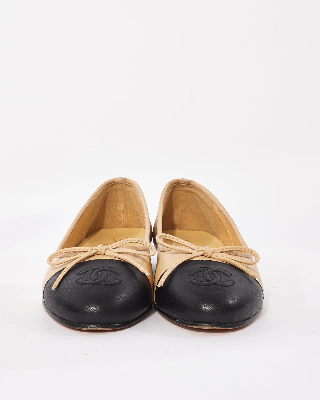 Chanel Beige & Black Classic Logo Ballerina Flats - 38C