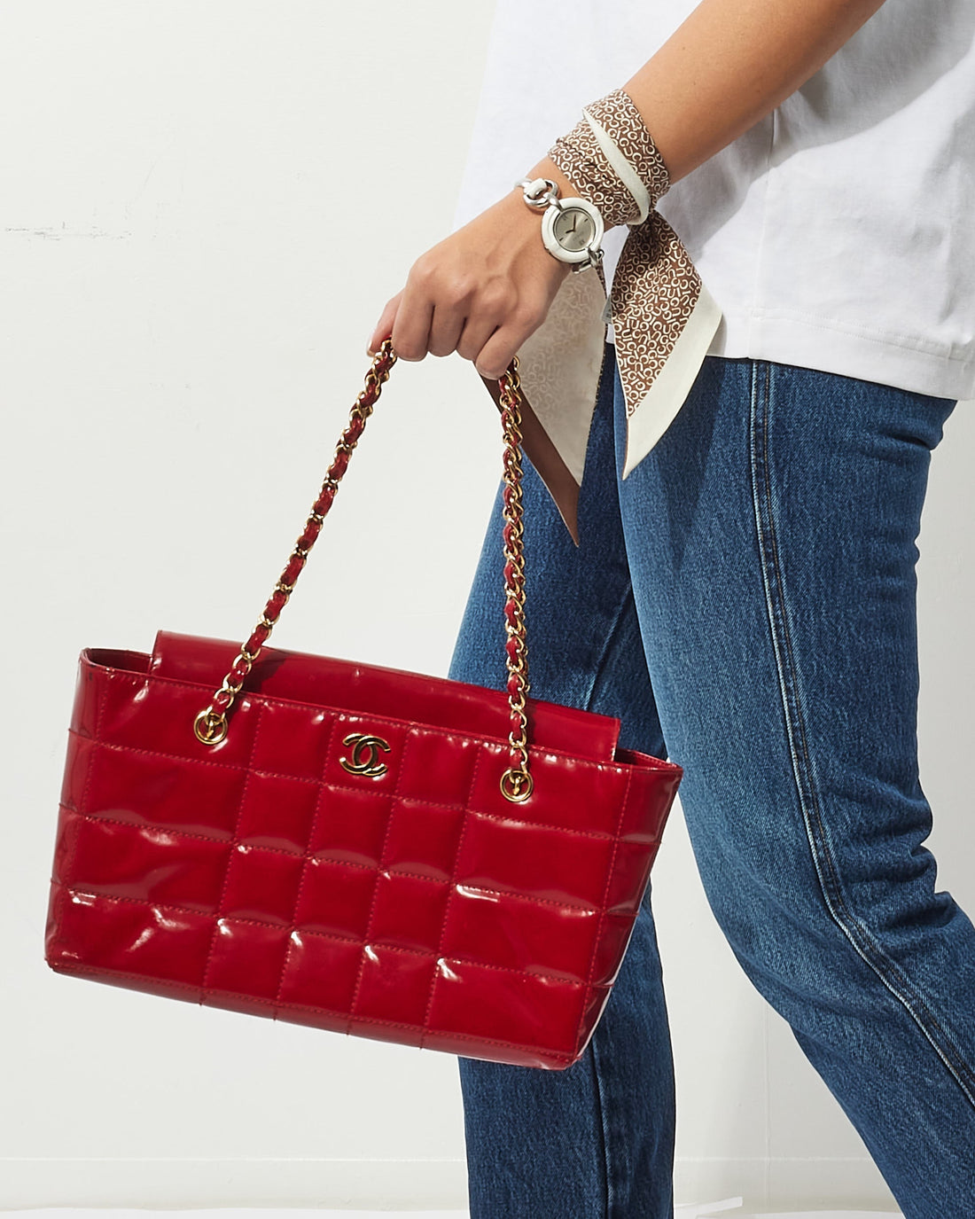 Chanel Vintage Red Patent Leather "Chocolate Bar" Tote Bag