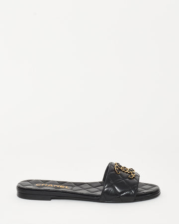Chanel Black Quilted Leather & Chain CC 19 Logo Slides - 35