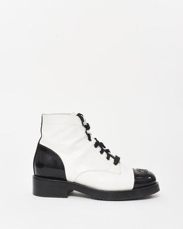 Chanel White Leather & Black Cap Toe Combat Boots - 37.5