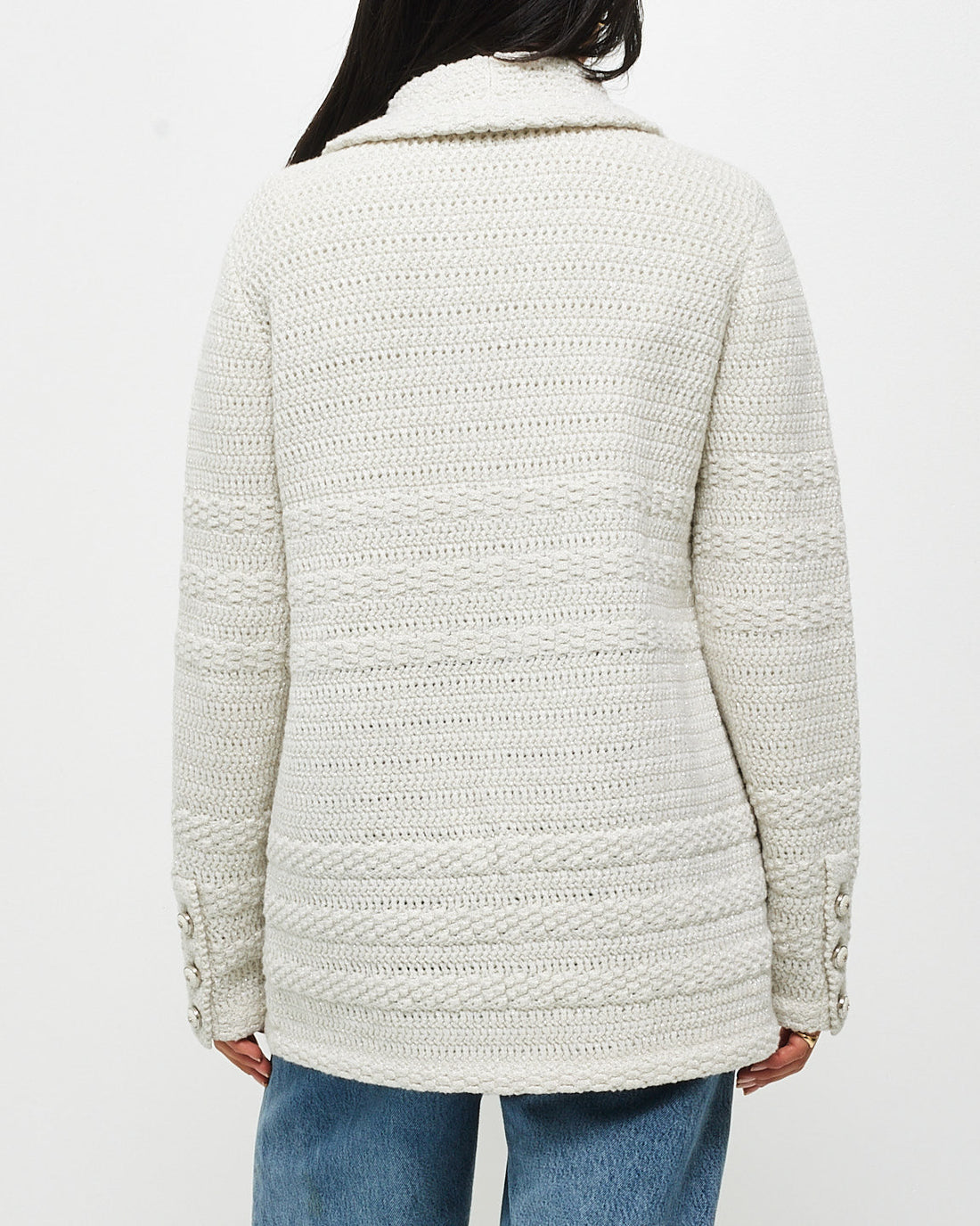 Chanel Ecru & Silver 21B Knit Blazer Jacket - 36