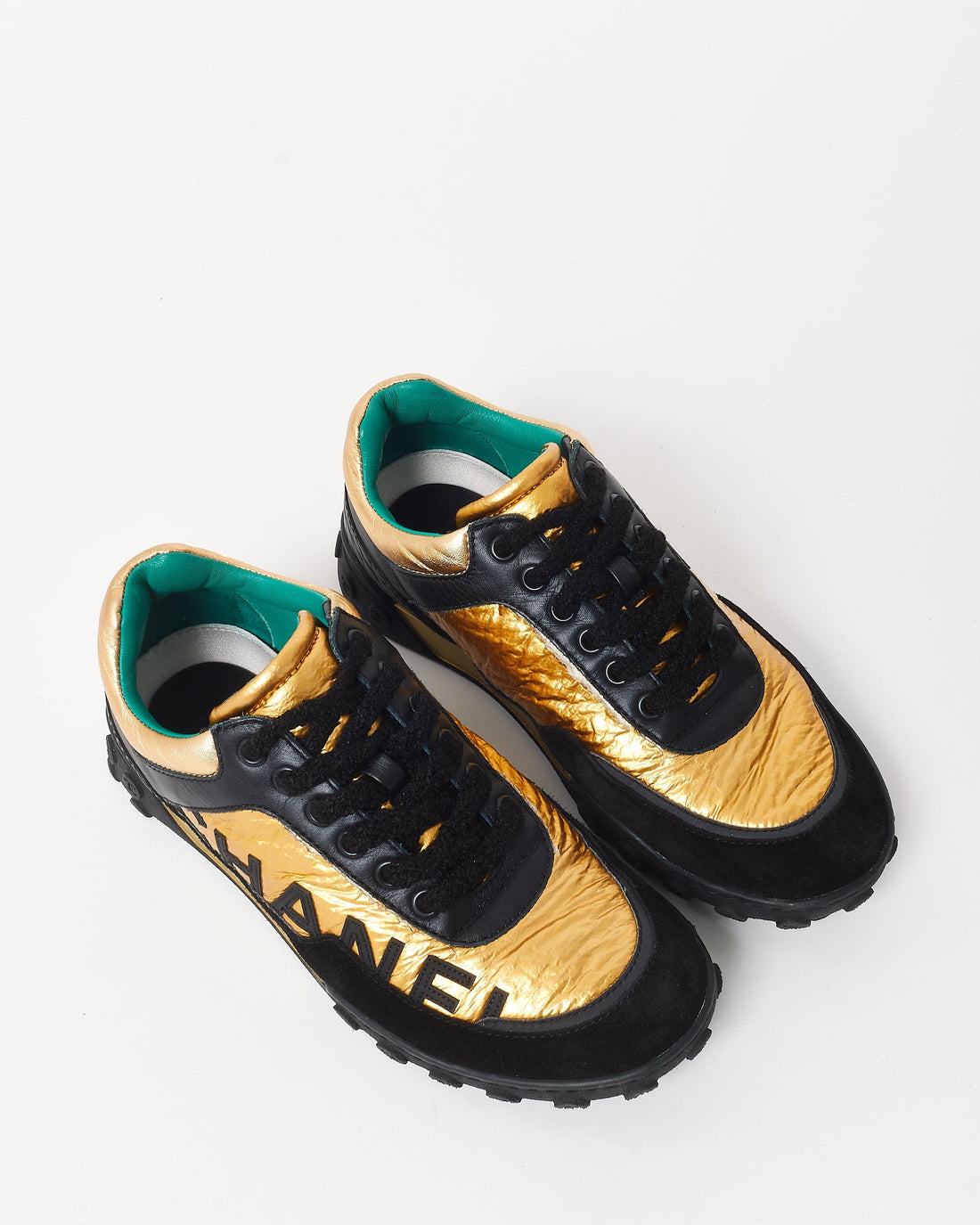 Chanel Black Gold & Teal Logo Sneakers - 35.5