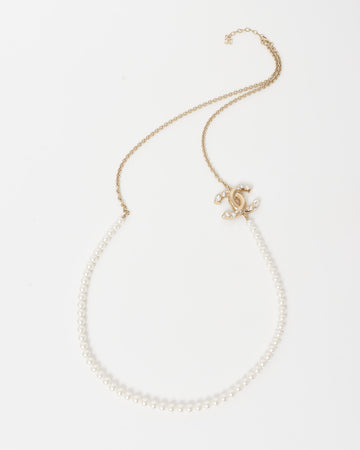 Chanel Pearl & Gold Chain Embellished Logo Necklace
