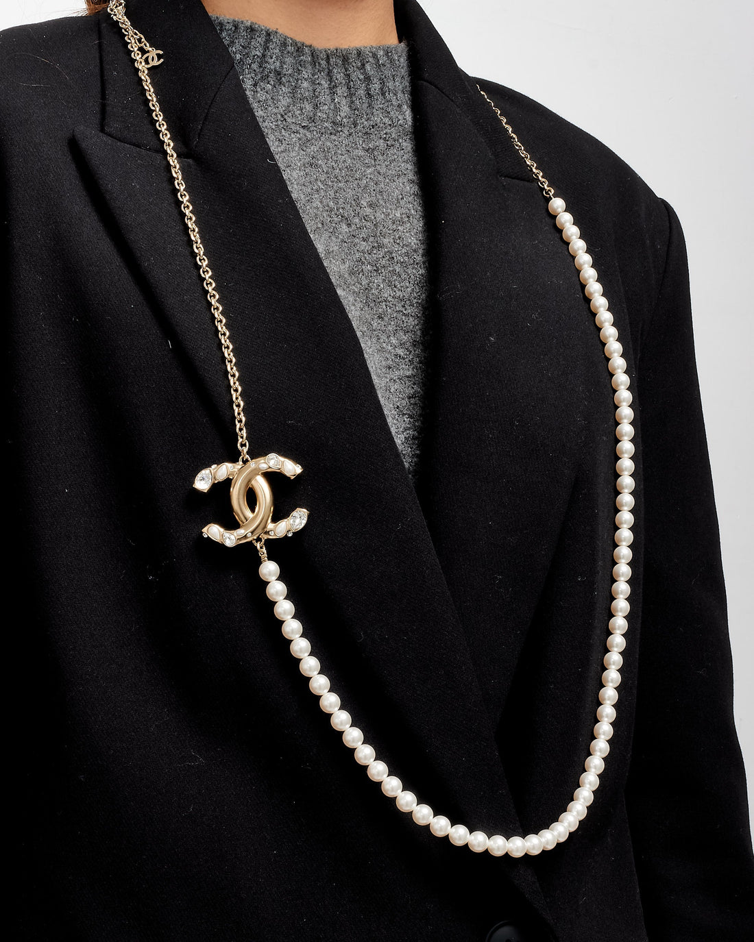 Chanel Pearl & Gold Chain Embellished Logo Necklace