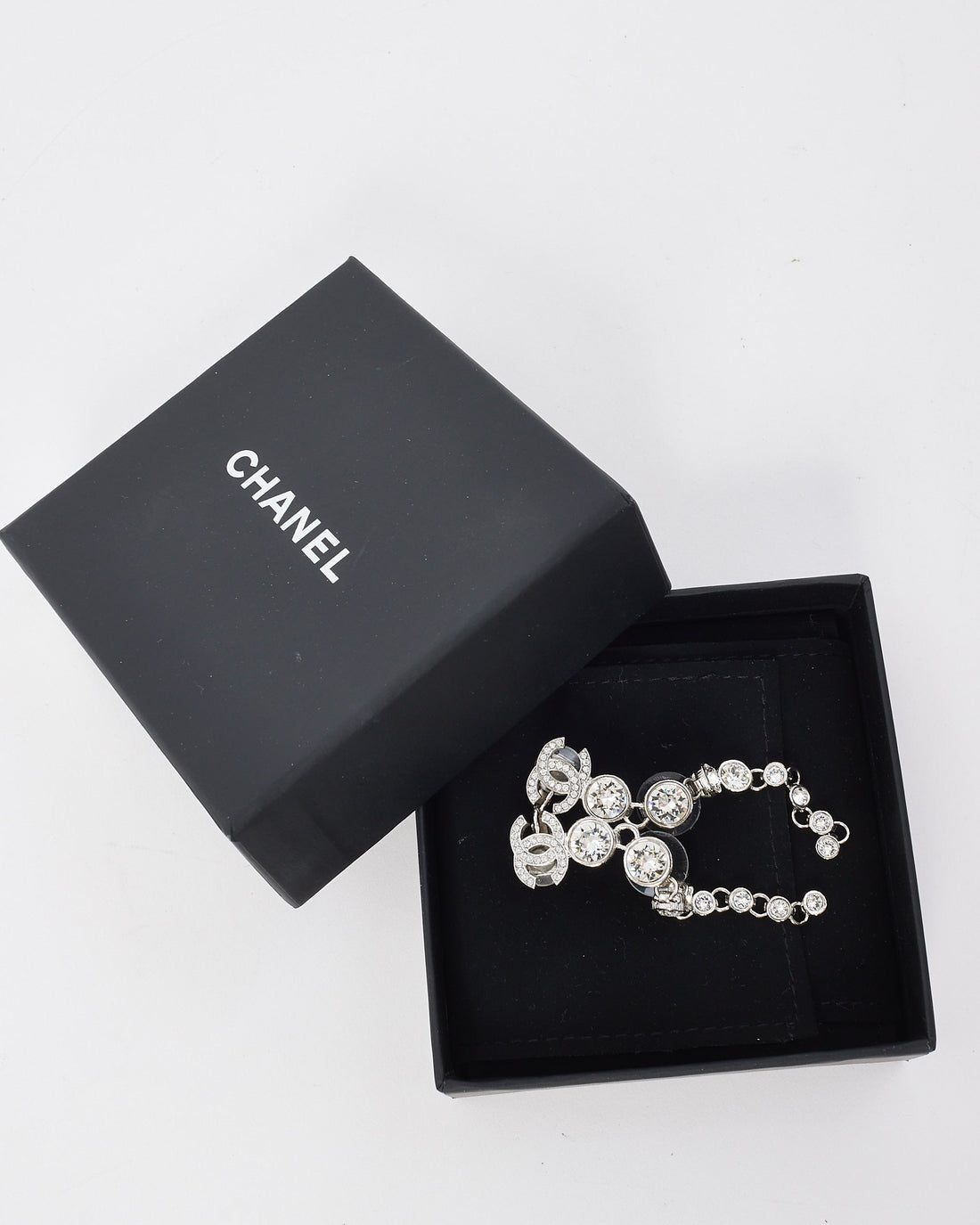 Chanel Silver Crystal CC Drop Crawler Earrings