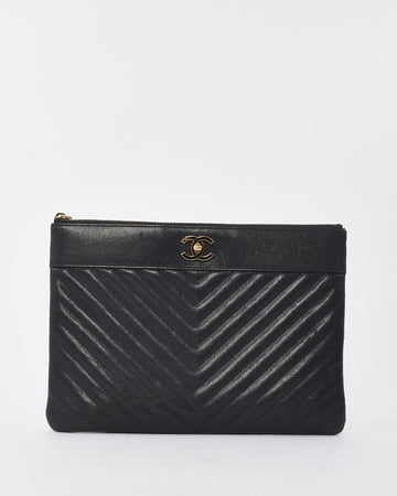 Chanel Black Chevron Leather Logo Zippered Pouch