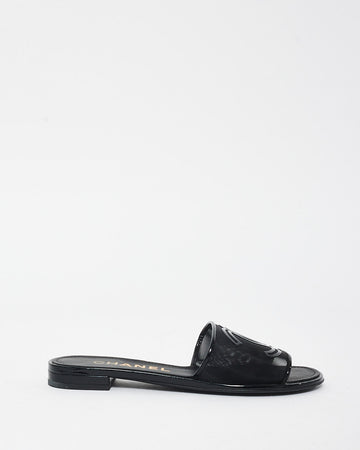 Chanel Black Mesh & Patent Leather Logo Slides - 36C