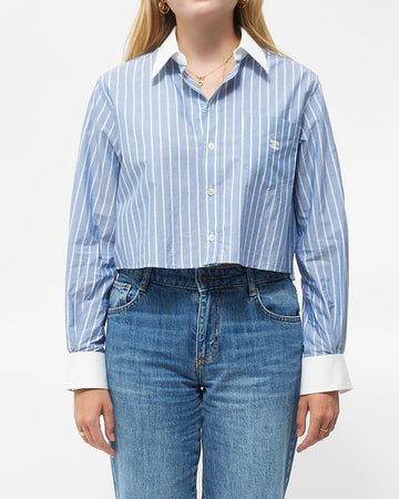Celine Blue & White Striped Cotton Logo Cropped Button Down Shirt - 34
