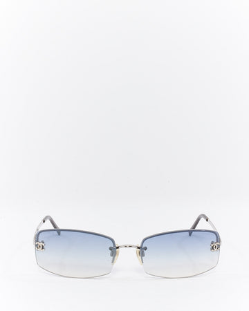 Chanel Vintage Silver Metal Blue Lense Crystal CC Sunglasses