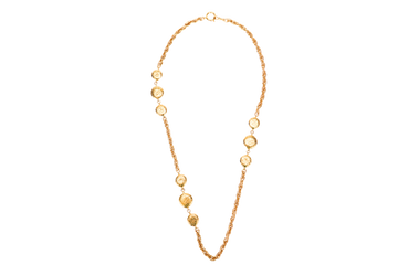 CHANEL VINTAGE GOLD PLATED NECKLACE 88CM NINE GOLD PLATED PENDANTS WITH FONTS ENGRAVES, NO BOX