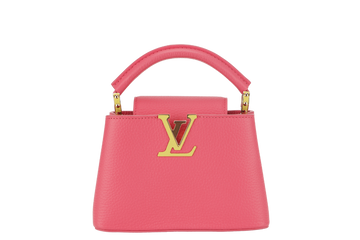 LOUIS VUITTON MINI CAPUCINES (M59440) PINK-LIME TAURILLON LEATHER GOLD HARDWARE MICROCHIP WITH STRAP, DUST COVER AND BOX