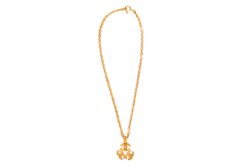 CHANEL VINTAGE GOLD PLATED NECKLACE 58CM ROUND CLOVER SHAPE CC PENDANT, NO BOX