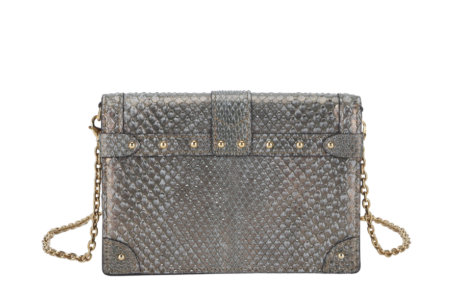 LOUIS VUITTON TRUNK CHAIN WALLET (N99721) PYTHON METALLIC LEATHER GOLD HARDWARE WITH CHAIN, STRAP AND DUST COVER