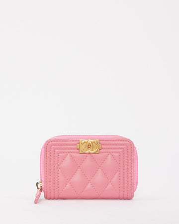 Chanel Pink Leather Boy Zip Around Coin Purse Wallet