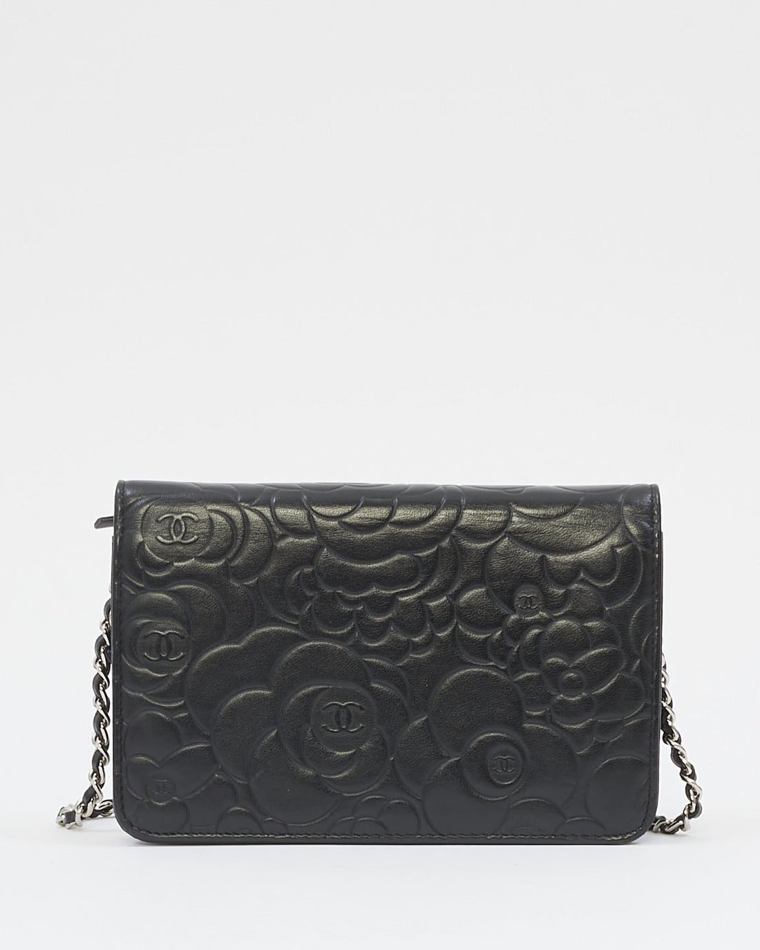 Chanel Black Leather Camellia Embossed Wallet On Chain