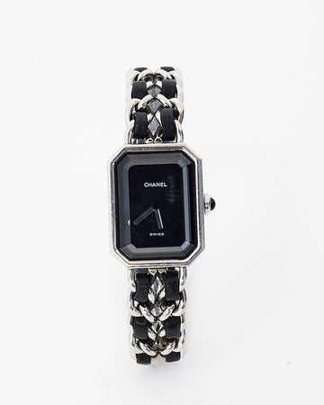 Chanel Sterling Silver & Black Leather Premiere Iconic Chain Watch