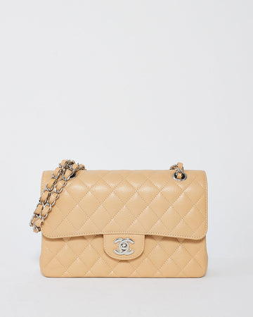 Chanel Beige Caviar Leather Small Classic Double Flap Shoulder Bag with SHW