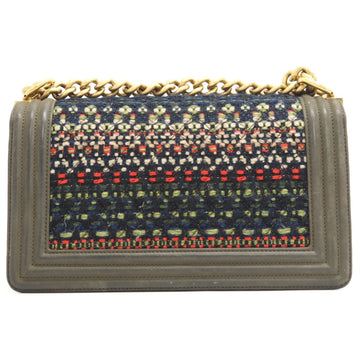 CHANEL Shoulder Bag Leather, Tweed khaki COCO Mark Boy Chanel